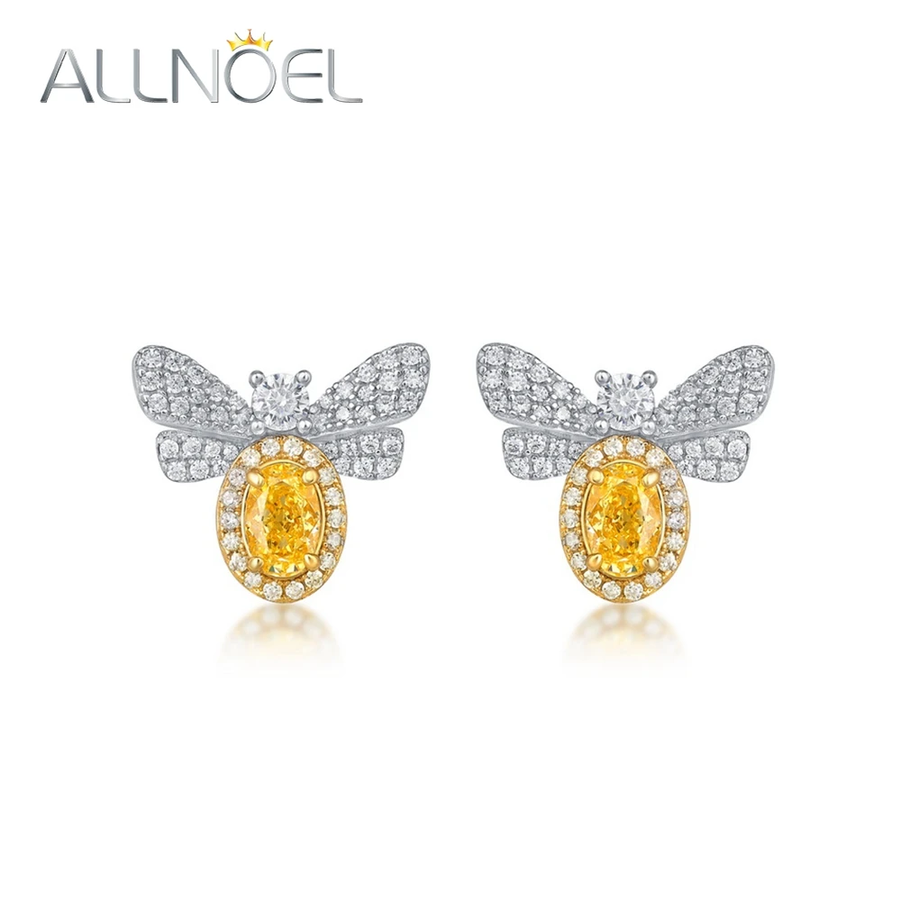 

ALLNOEL Original 925 Sterling Silver Stud Earrings For Women Oval 4*6mm Yellow High Carbon Diamond Bee Jewelry Free Shipping