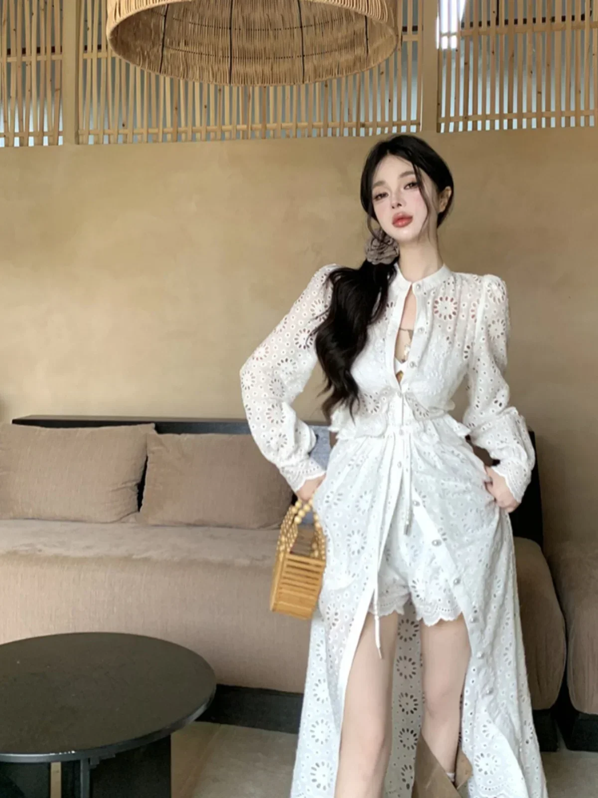 

French Elegant White Two Piece Sets Lace Hollow Out Long Sleeve A Line Long White Dress + Shorts Vintage Streetwear Conjuntos