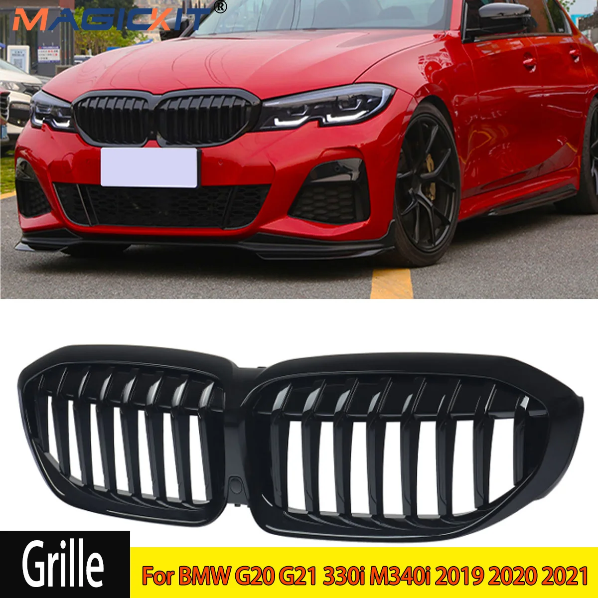 MagicKit FOR BMW 3 SERIES G20 G21 2019+ FRONT KIDNEY GRILLE GRILL GLOSS BLACK SINGLE BAR