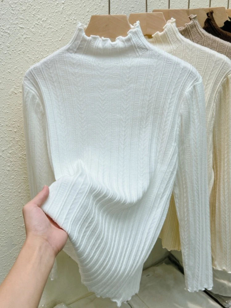 Jersey de cuello alto a la moda para mujer, suéteres fruncidos de otoño e invierno, jerséis de punto ajustados de manga larga, Tops suaves y cálidos para mujer 2025