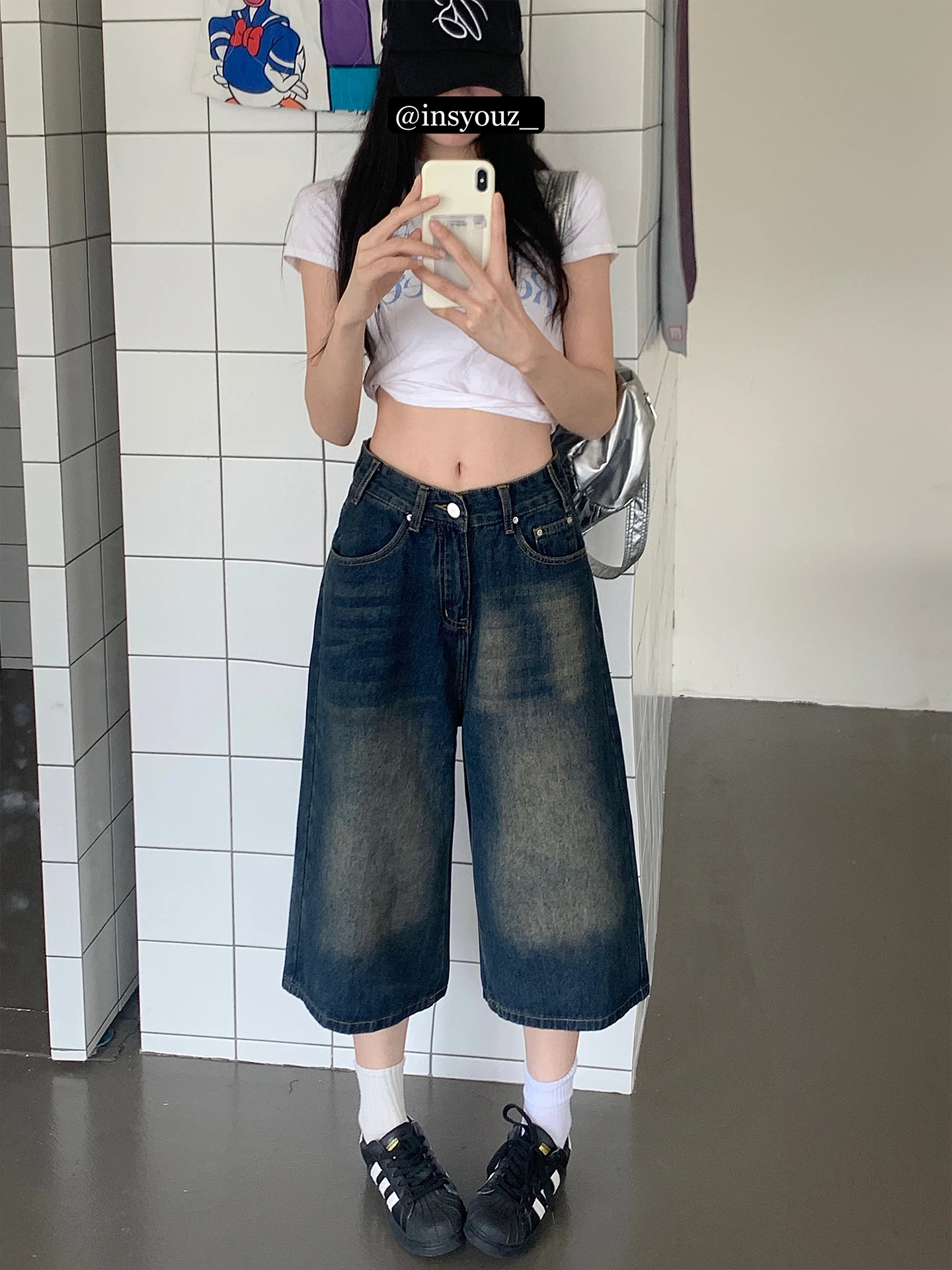 

Винтажные американские джинсы Waed больших размеров для женщин: свободные, утягивающие, с широкими штанинами, укороченные (7/8), повседневные, с высокой талией, из хлопкового денима