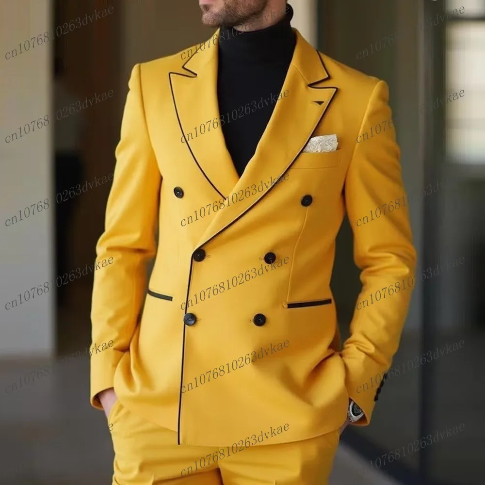 

New Yellow And Black Business Men Suit Groom Groomsman Wedding Party Prom Formal Male Tuxedos 2 Piece Set Blazer Pants
