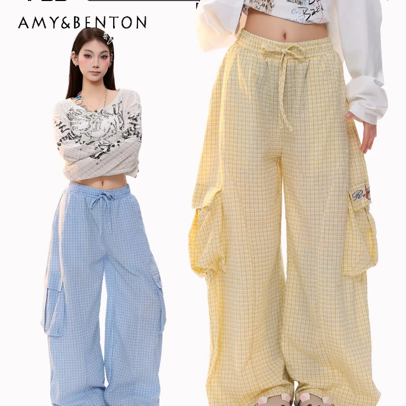 

Винтажные женские брюки с высокой талией и множеством карманов, клетчатые, весна 2026, новые, свободные, с эластичным поясом, широкие штанины