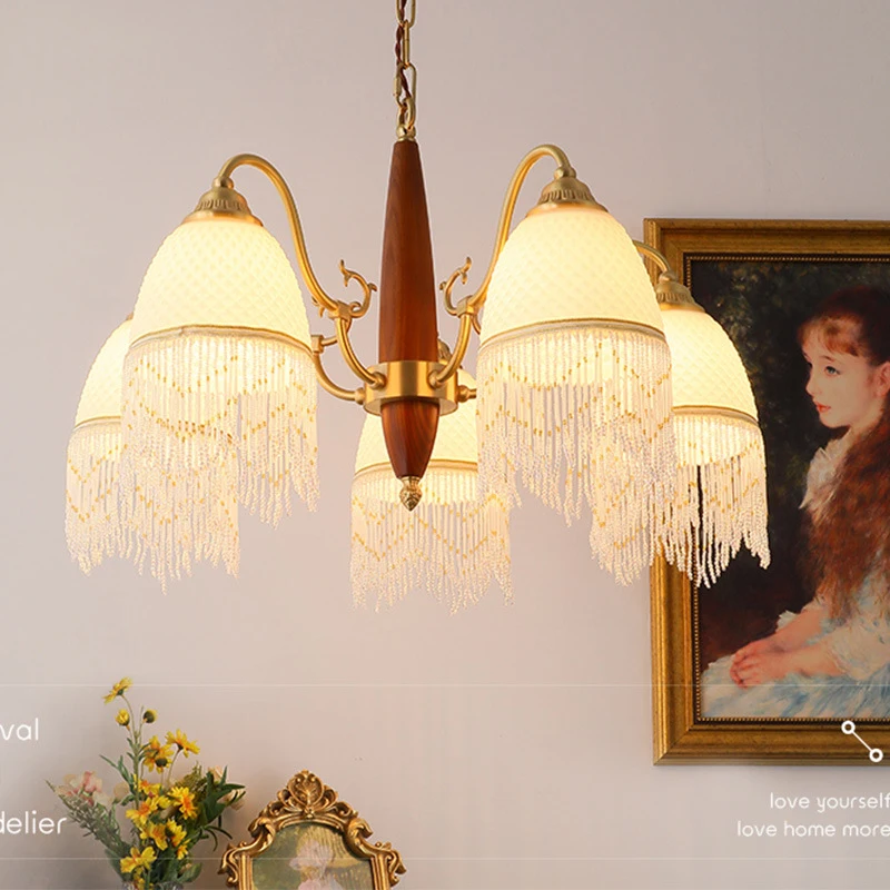 

Цельномедная винтажная люстра для гостиной, ретро-люстра из орехового дерева со стеклянными подвесками, в американском и французском стиле, для столовой и спальни.