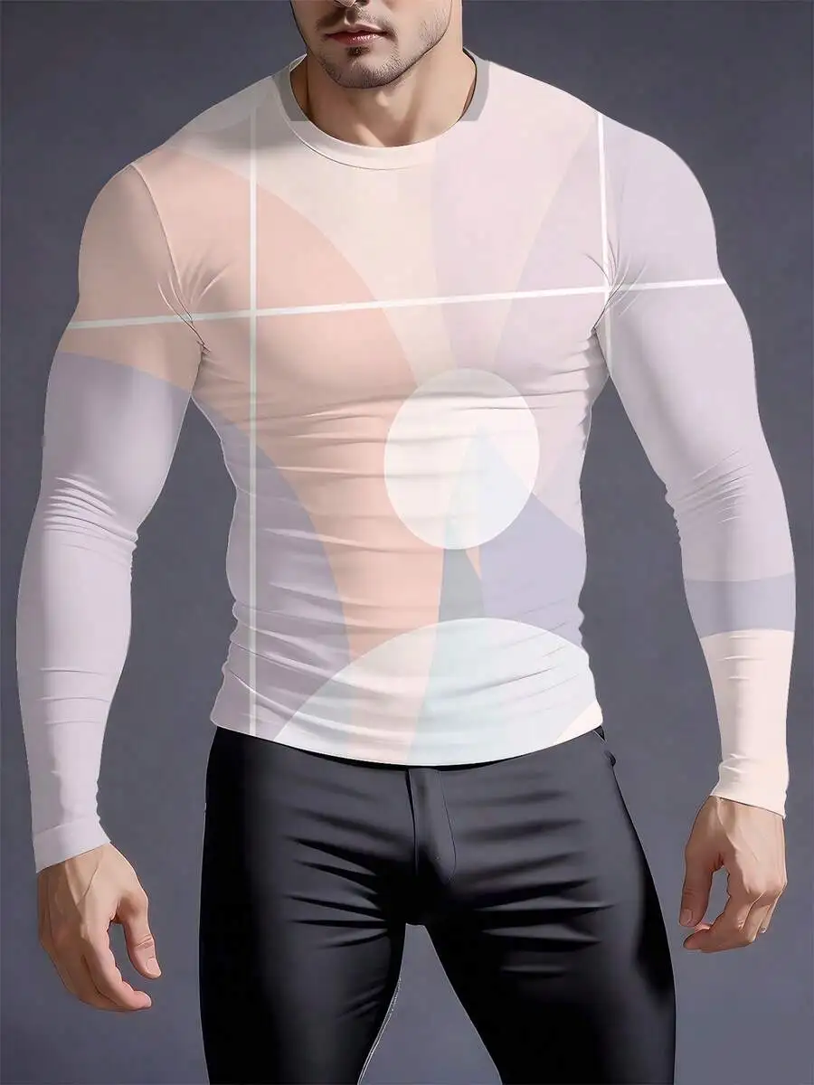 

3D Printed Mens Crew Neck Tight Long Sleeve Shapewear Casual Sports Compression Top