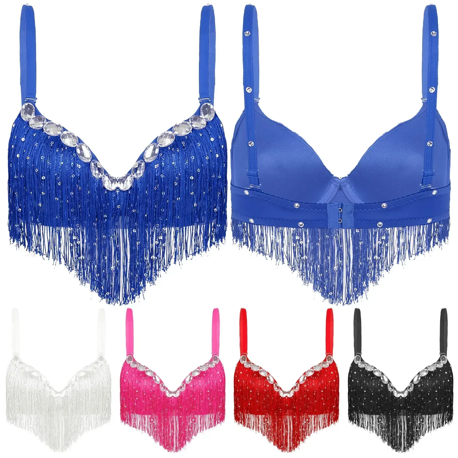 Womens Adult Belly Dancewear Clubwear Push-Up Bra Latin Sequin Tassel Rhinestone Bra Tops Hot Party Club Performance Costume