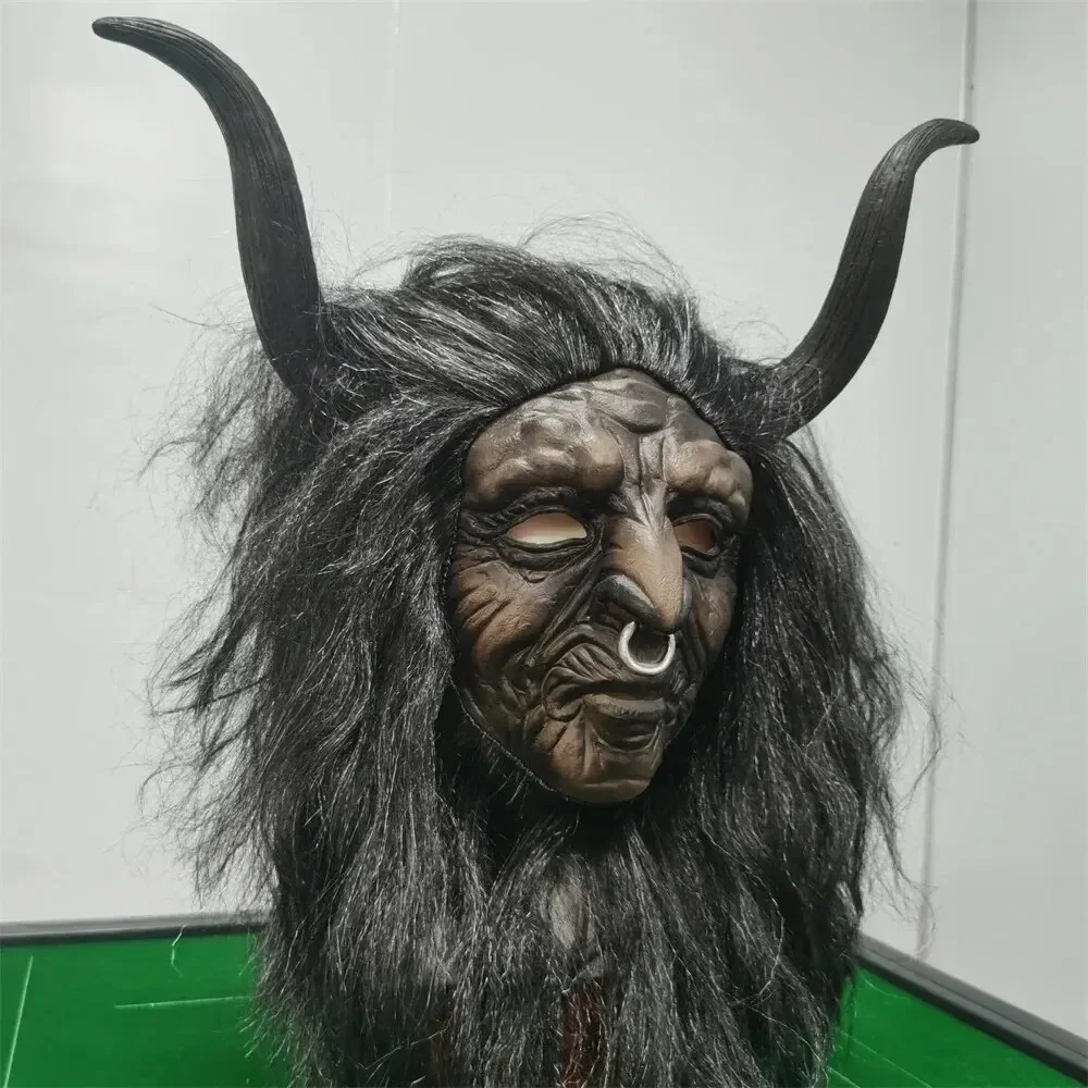 Corne d'horreur taureau démon roi masque de fête avec cheveux masque de Cosplay Halloween accessoires de déguisement effrayant drôle robe de vache noire masques en Latex