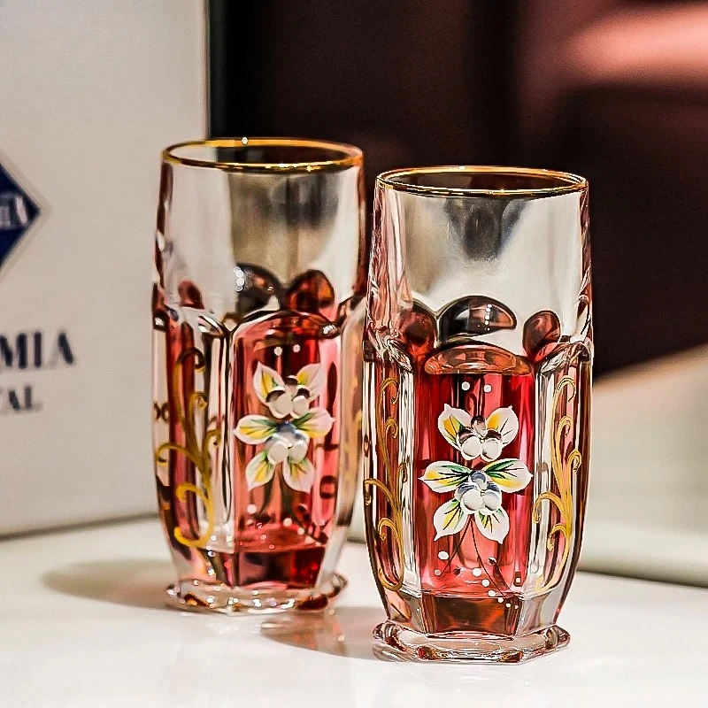 Gold enamel flower crystal glass whiskey cup beer foreign wine cup juice water cup