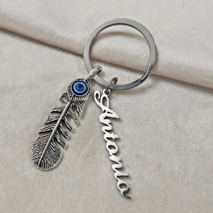 

Customized Feather Eye Name Keychain Blue Eye Devil's Eye Stainless Steel Famous Brand Keychain Jewelry Gift