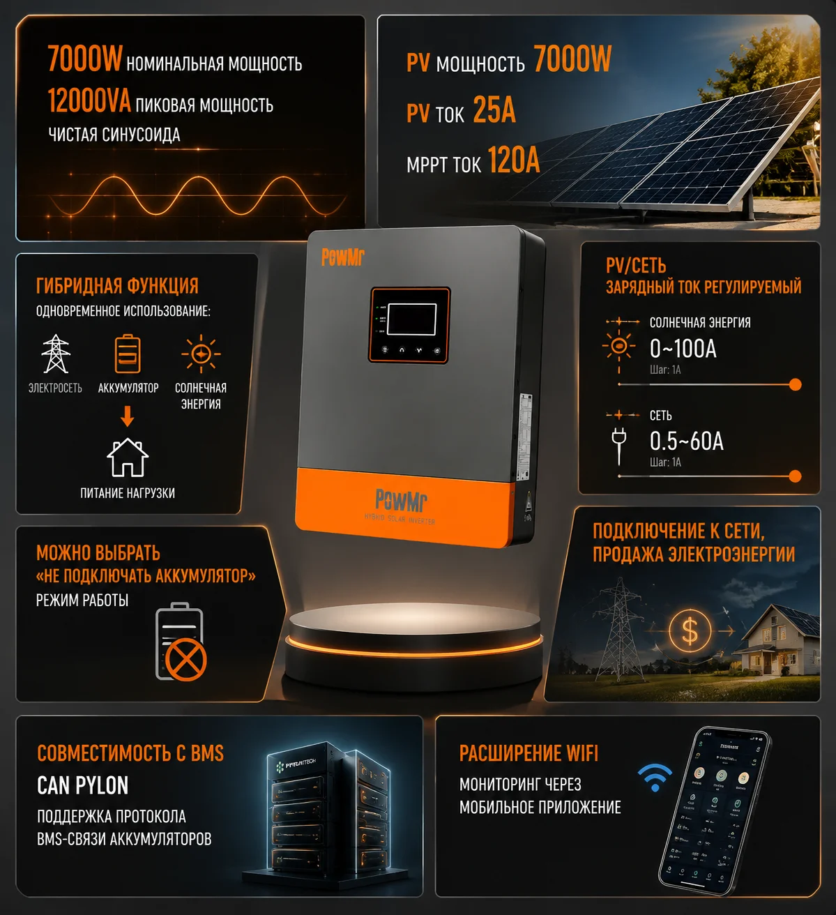 PowMr 7KW Hybrid Solar Inverter 48V 220V Off Grid Inverter WIFI BMS with MPPT 120A Solar Battery Charger Parallel Up To 6 Units