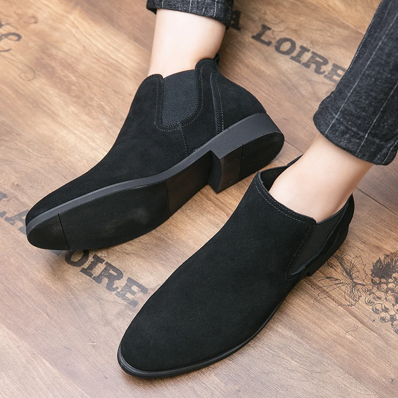 Men's Boots Slip-On Leather Shoes Trend Business Comfortable Chelsea Boots Pointed Toe Ankle Boots High-Top Plus Size Men Shoes