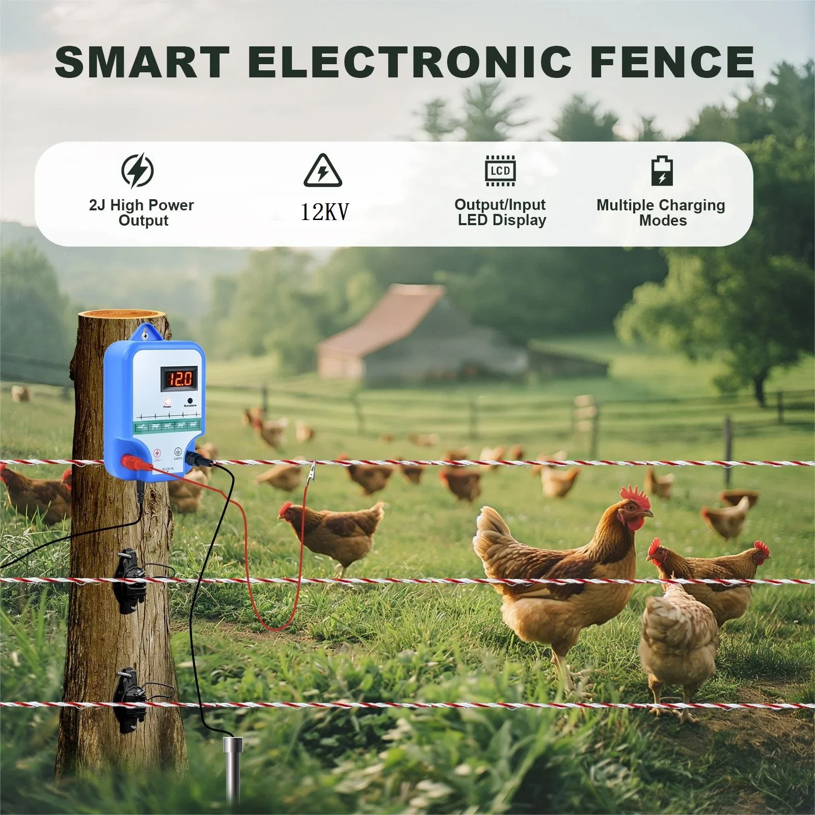 10KM/6.2Miles Electronic Fence Energizer Charger for Preventing Wild Animals 12V Controller with LCD Display for Farm Cattle