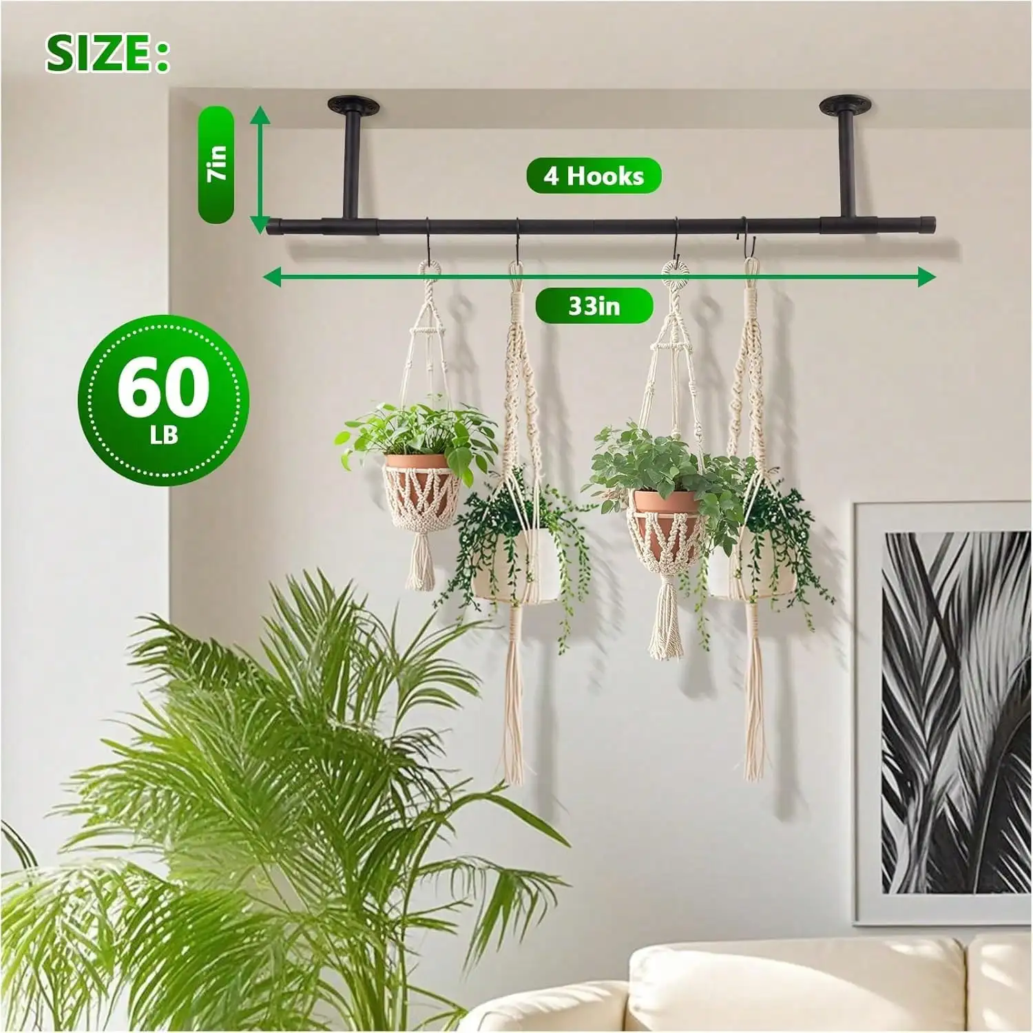 Hanging Planters Rod 33 Inches For Indoor Plant Holder Window Plant Shelves (Pot&Plant&Rope Not Included) Black