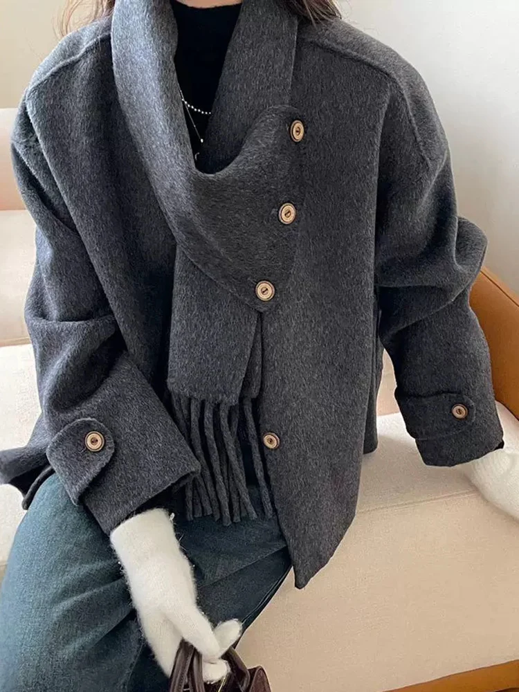 LANMREM Korean Style Wool Short Coat Women Scarf Collar Design Single Breasted Clothing Fashion Female 2024 Winter New 2VV101