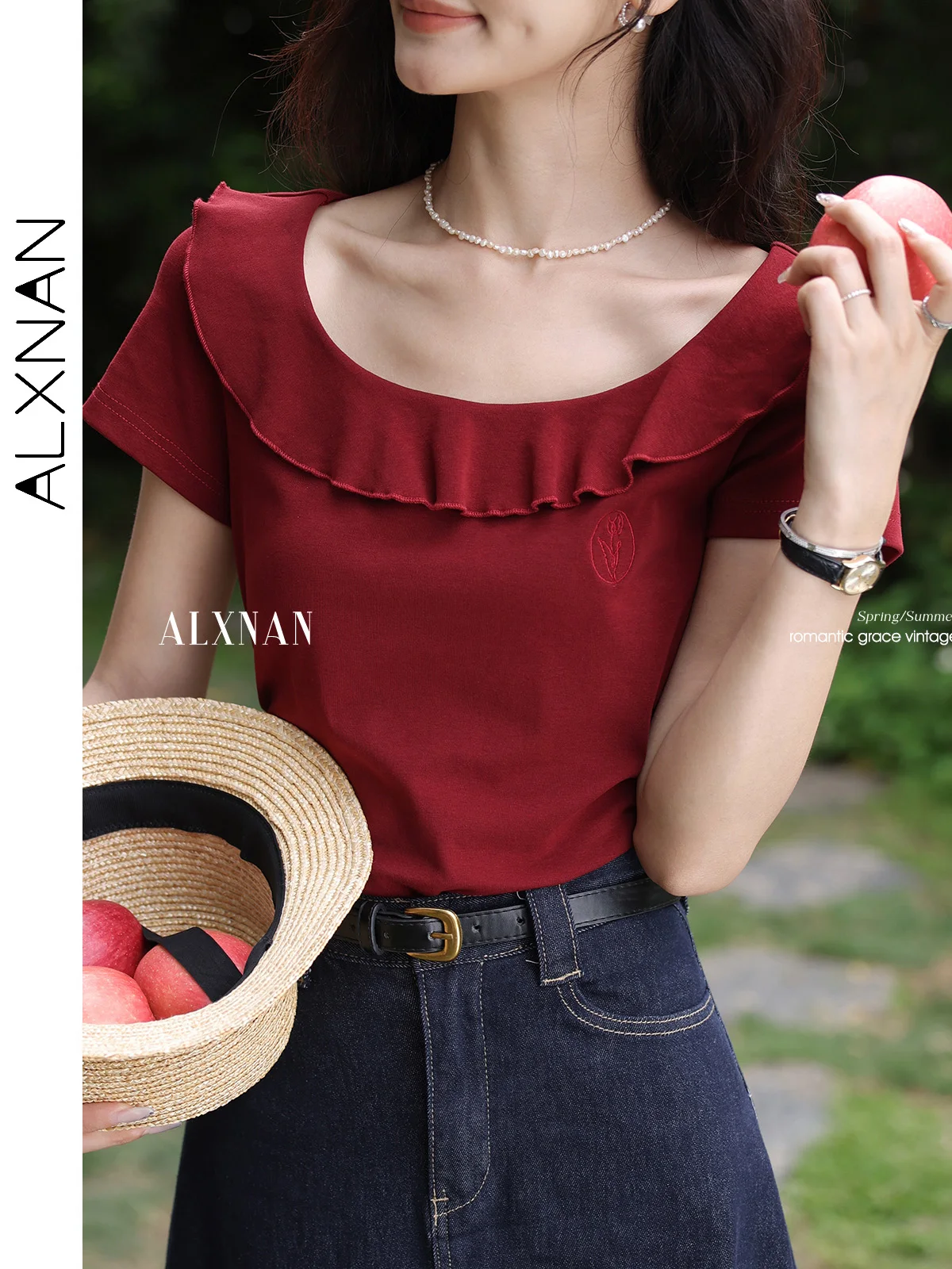 ALXNAN Women's Vintage Red T-shirt 2025 Summer Short Sleeve Cotton T-shirt Elegant Ruffle Collar Slim-fit Tops Ladies L551108
