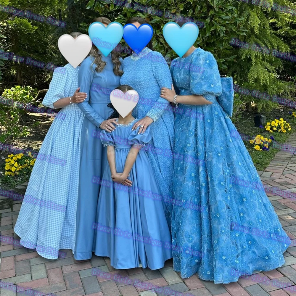 

Elegant Blue Flower Girl Dress Puff Sleeves Satin Fluffy High Waist For Wedding Ball Dresses Little Princess Birthday Party Gown