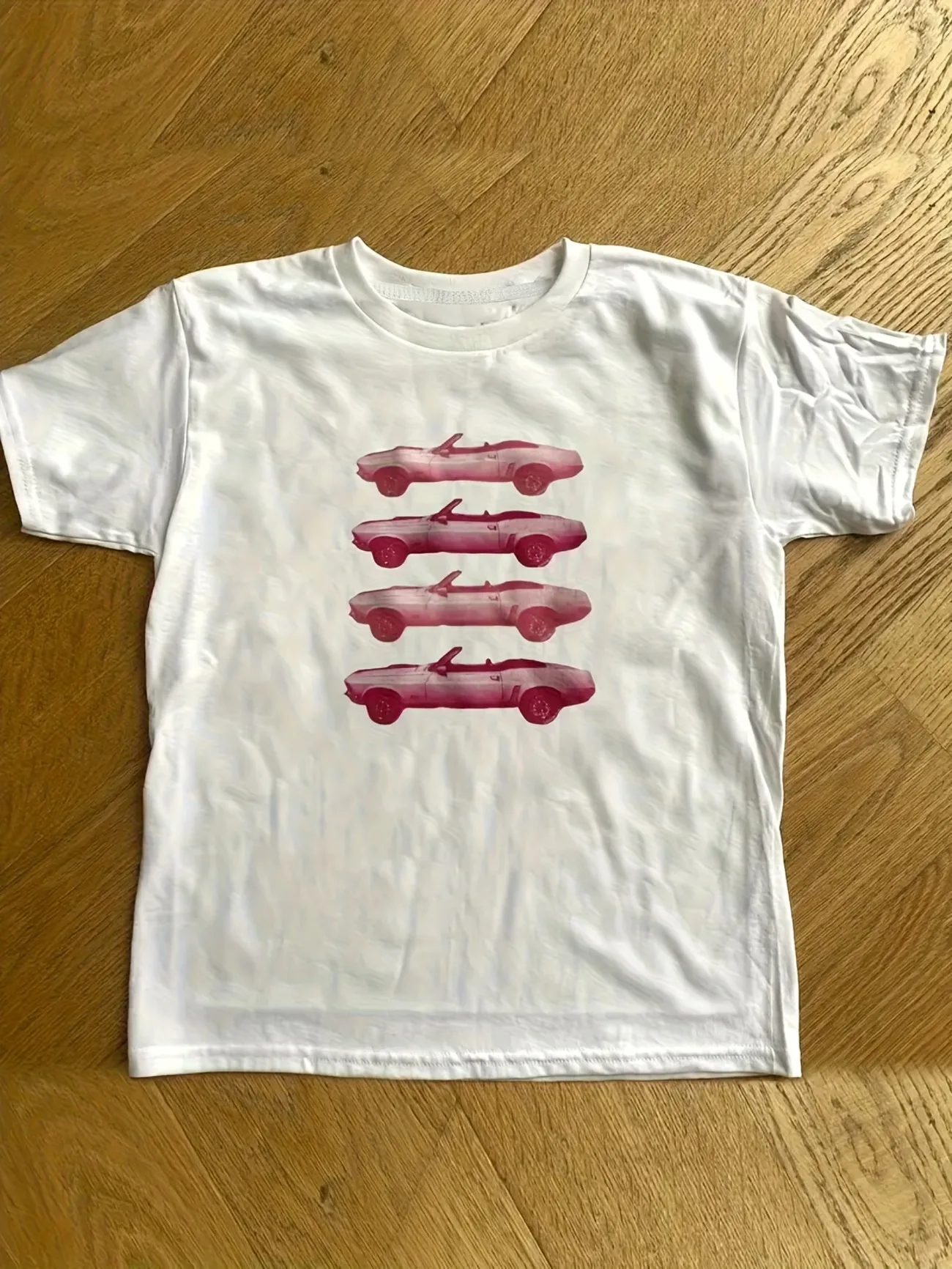 Women's Red Vintage Car Print T-Shirt Five Cars Aligned Unique Street Style Short Sleeve Tops Holiday Gift Couple All-season Tee