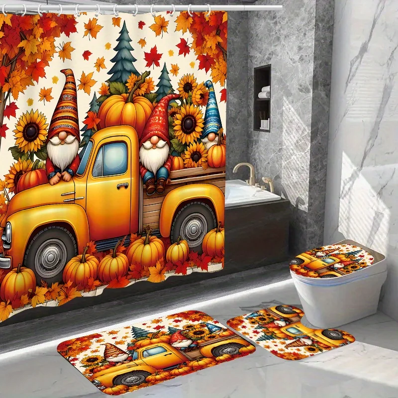 Autumn Gnome Pumpkin Shower Curtain Set with Non-Slip Rug, Toilet Lid Cover, Bath Mat, 12 Hooks - Woven Polyester, Water-Resista