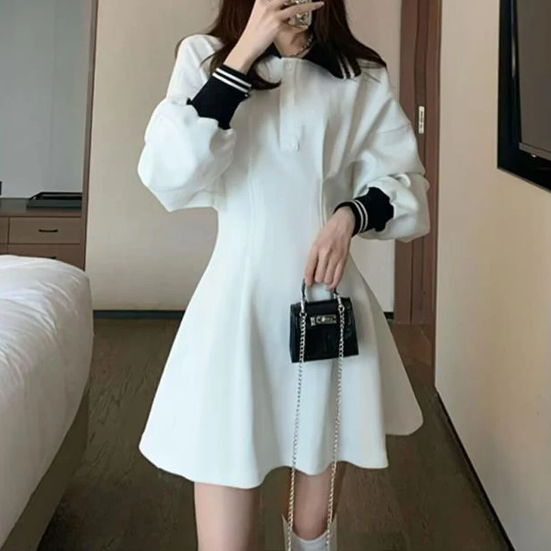 2024 Women Trendy Preppy Style Sweet Chic Polo Collar A Line Mini Dress Y2K Female High Waist Long Sleeve Slim Dresses Vestidos