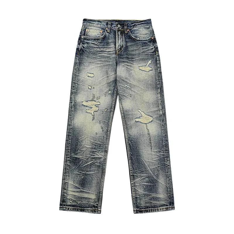 

Scratched and ripped jeans men in autumn 2025, loose straight leg trendy street retro and nostalgic high-end vintage pants