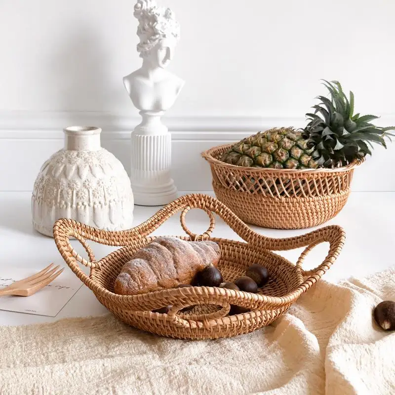 Handmade Rattan Woven Fruit Basket Snack Plate Bamboo Woven Bread Basket Living Room Fruit Plate Noodle Basket