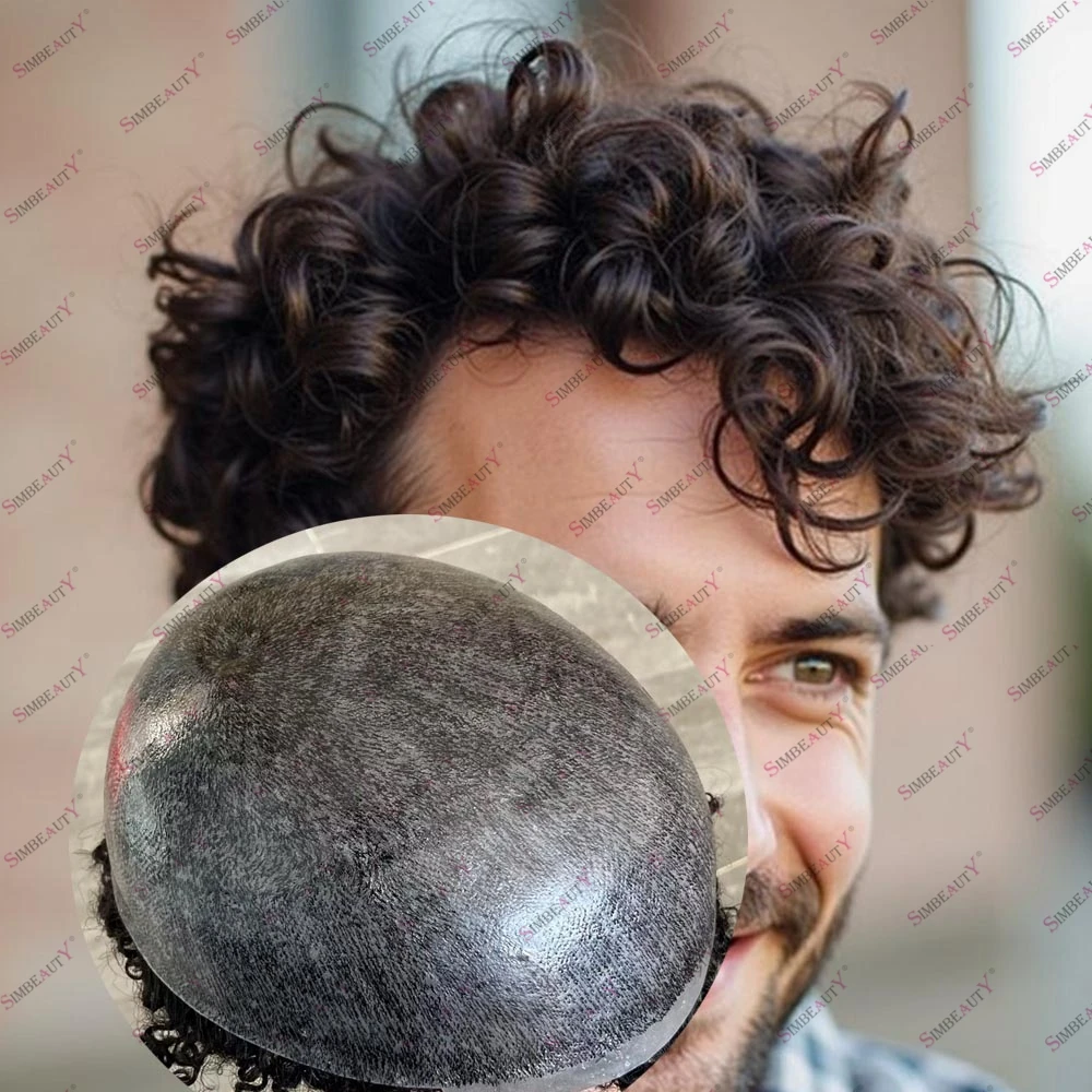 

Натуральный кудрявый парик-система замещения волос для мужчин, 20 мм, из человеческих волос, с прочной основой из кожи, 0,1 мм, инжекционный, коричнево-серый, капиллярный протез