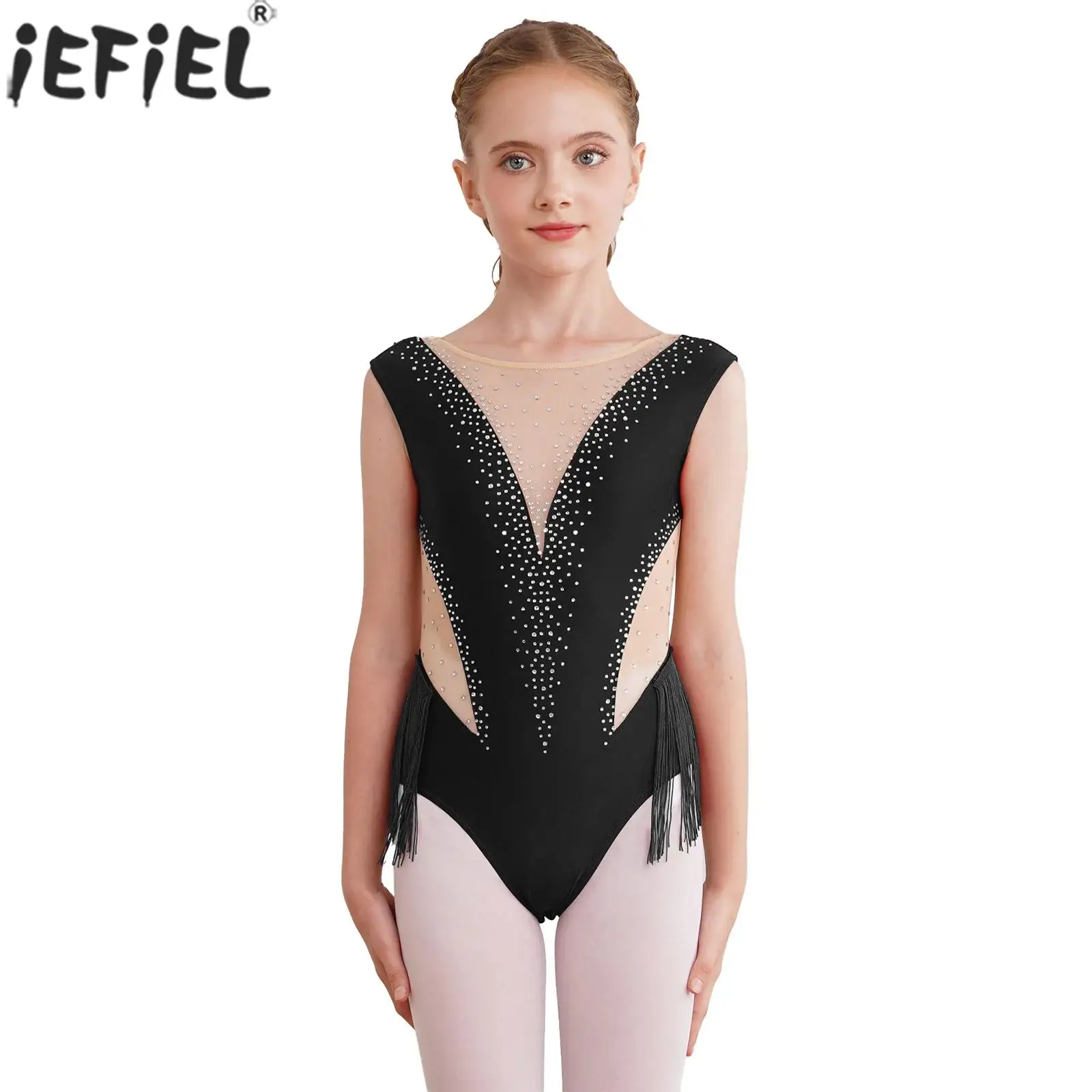 Teen Girls Figure Skating Costume Shiny Rhinestone Tassel Mesh Bodysuit Ballet Gymnastics Leotard Latin Dance Cha-Cha Dancewear