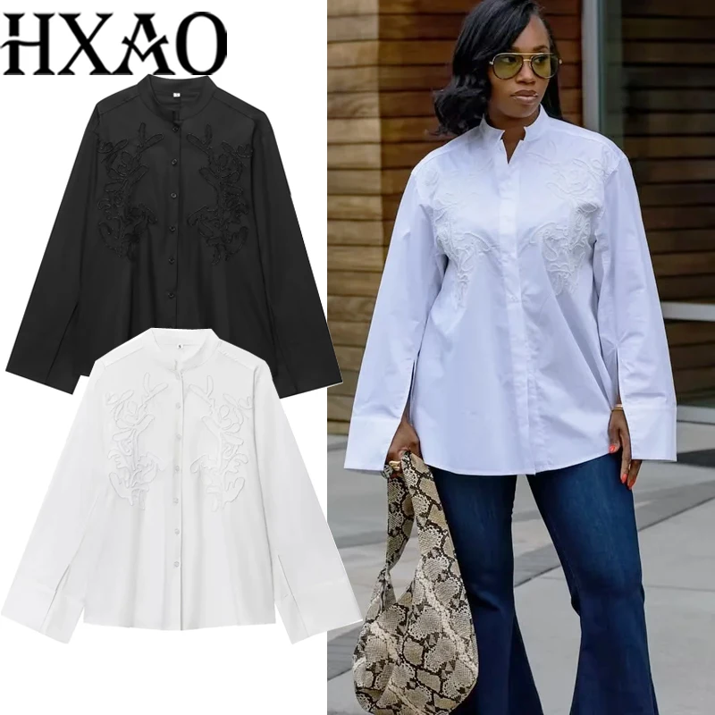 

HXAO Women's Shirt Embroidery Female White Shirt Summer Long Sleeve Top Casual Oversized Long Shirt Women Beads Button Up Shirts