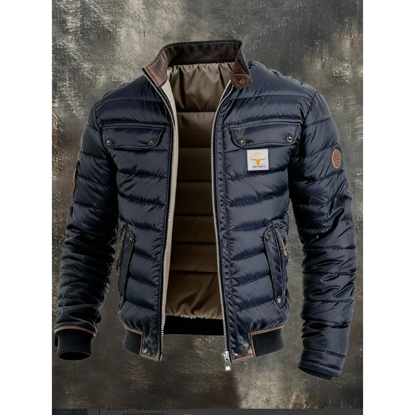 

Men's Retro Leather Patchwork Quilted Warm Zipper Outdoor Jaet 2026 Cross-Border Faion Youth Nylon Goose down Padded Coat