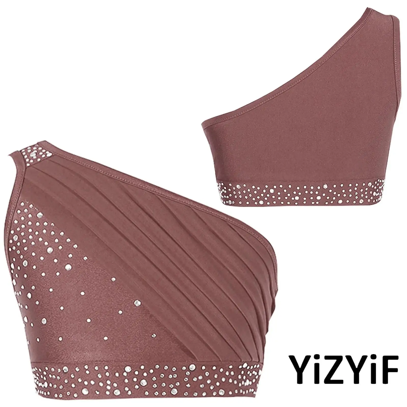 

Kids Girls Lyrical Latin Dance Top Shiny Rhinestone Ruched Sheer Mesh Overlay One Shoulder Crop Top for Gymnastics Ballet &Yoga