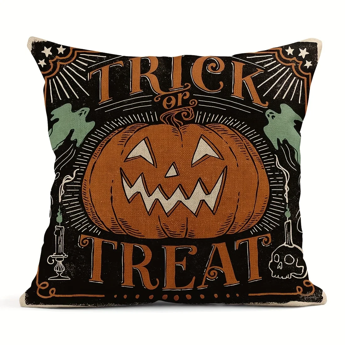 Halloween Retro Pillowcase, Spooky Cat Pumpkin Skull Print Square Cushion Cover for Home Sofa Decor