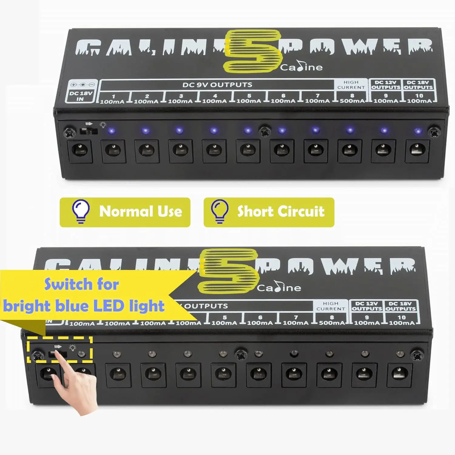 Imagem -04 - Caline Cp05 Guitarra Efeito Pedal Fonte de Alimentação 10 Saídas Isoladas 9v 12v 18v Sintonizador de Energia Curto-circuito Proteção contra Sobrecorrente