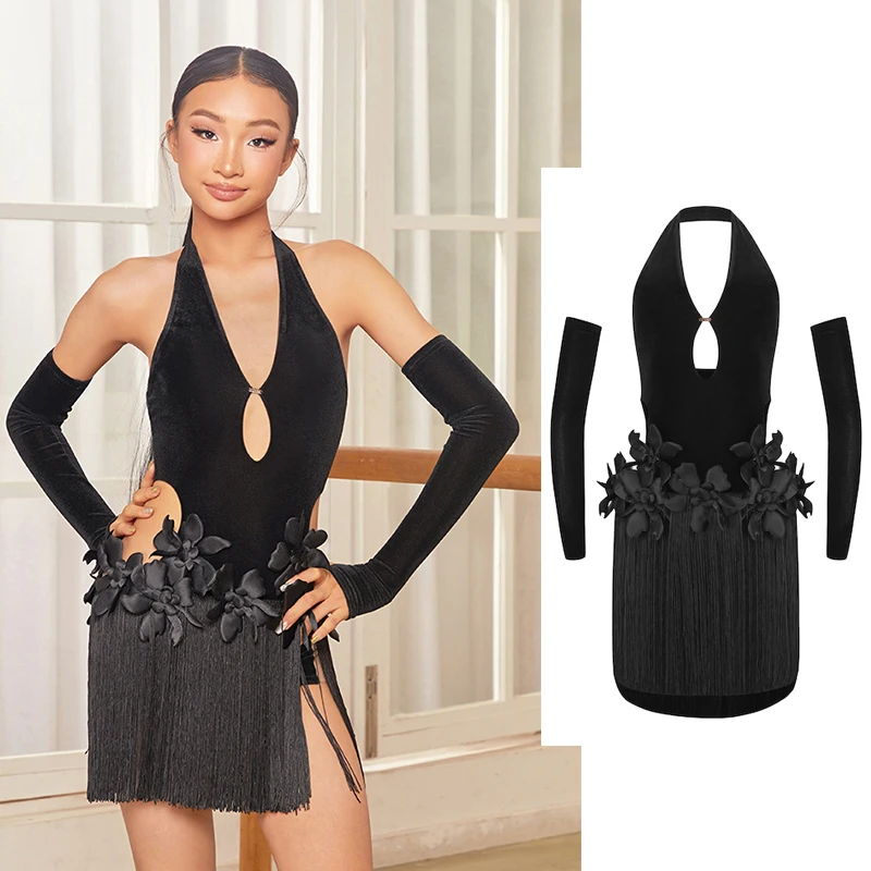 

Новое платье для латинских танцев ZYM, одежда для соревнований для девочек, детское черное бархатное платье с бахромой, комплект перчаток, тренировочная одежда для выступлений NV24804