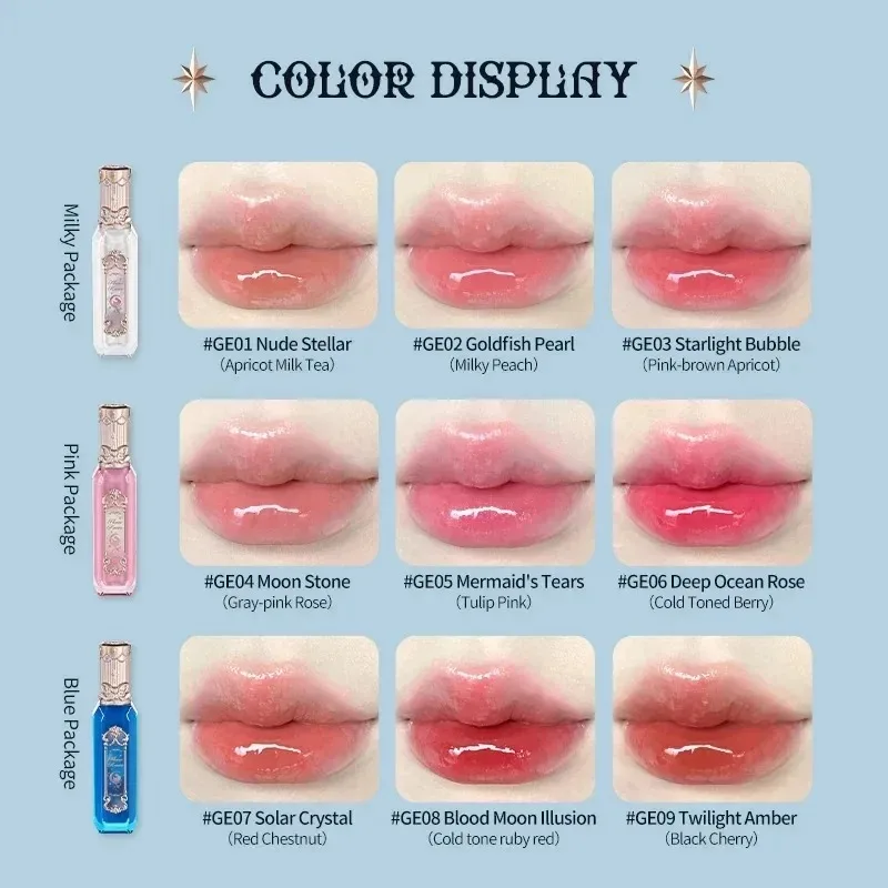 Flower Knows Moonlight Mermaid Clear Lip Gloss Collection Gemstone Lip Glaze Nourishing Mirror Lip Plumber Gloss Makeup 3.5ML