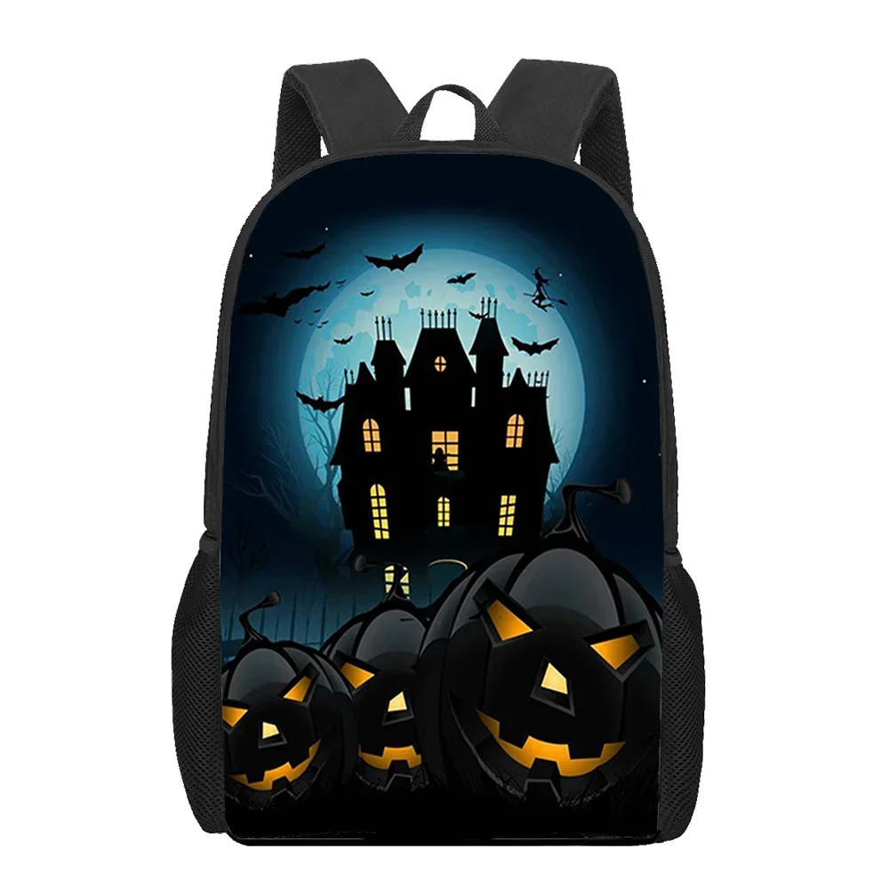 Horror Halloween Backpack Castle Bat Pumpkin Print School Bags For Boys Girls Teen Halloween Gift 16 Inches Travel Sport Daypack