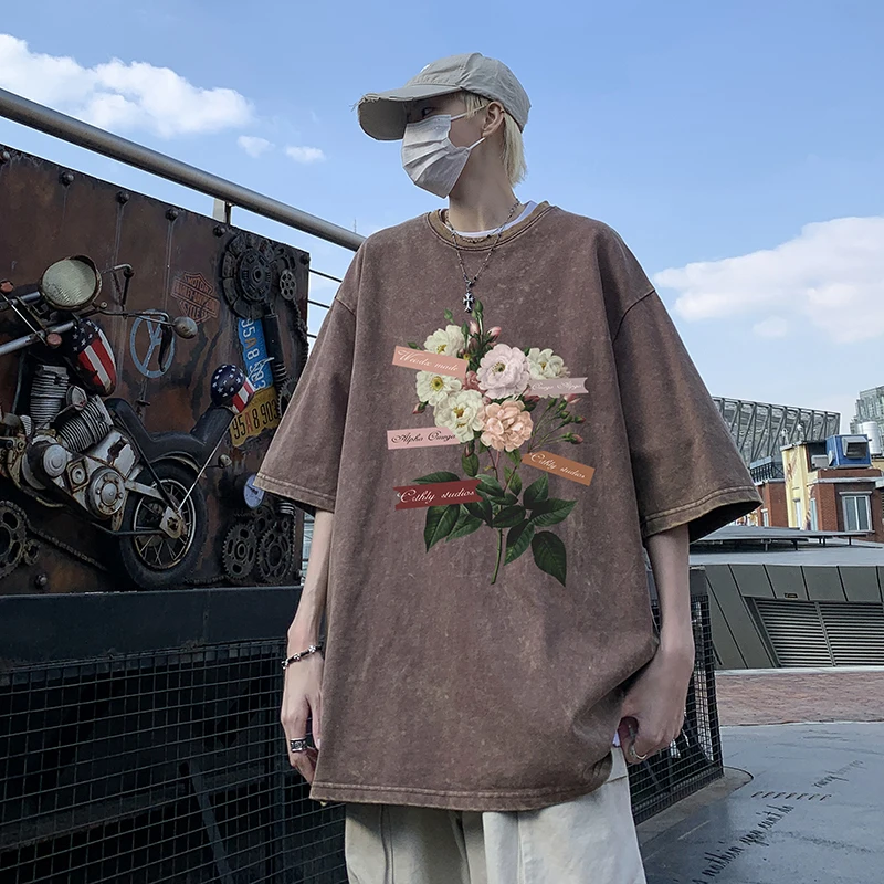 Gothic Street Wear Washed T-shirt Vintage Floral Printing Tshirt Summer New O-neck Short Sleeve Tee Tops Y2k Unisex T Shirt