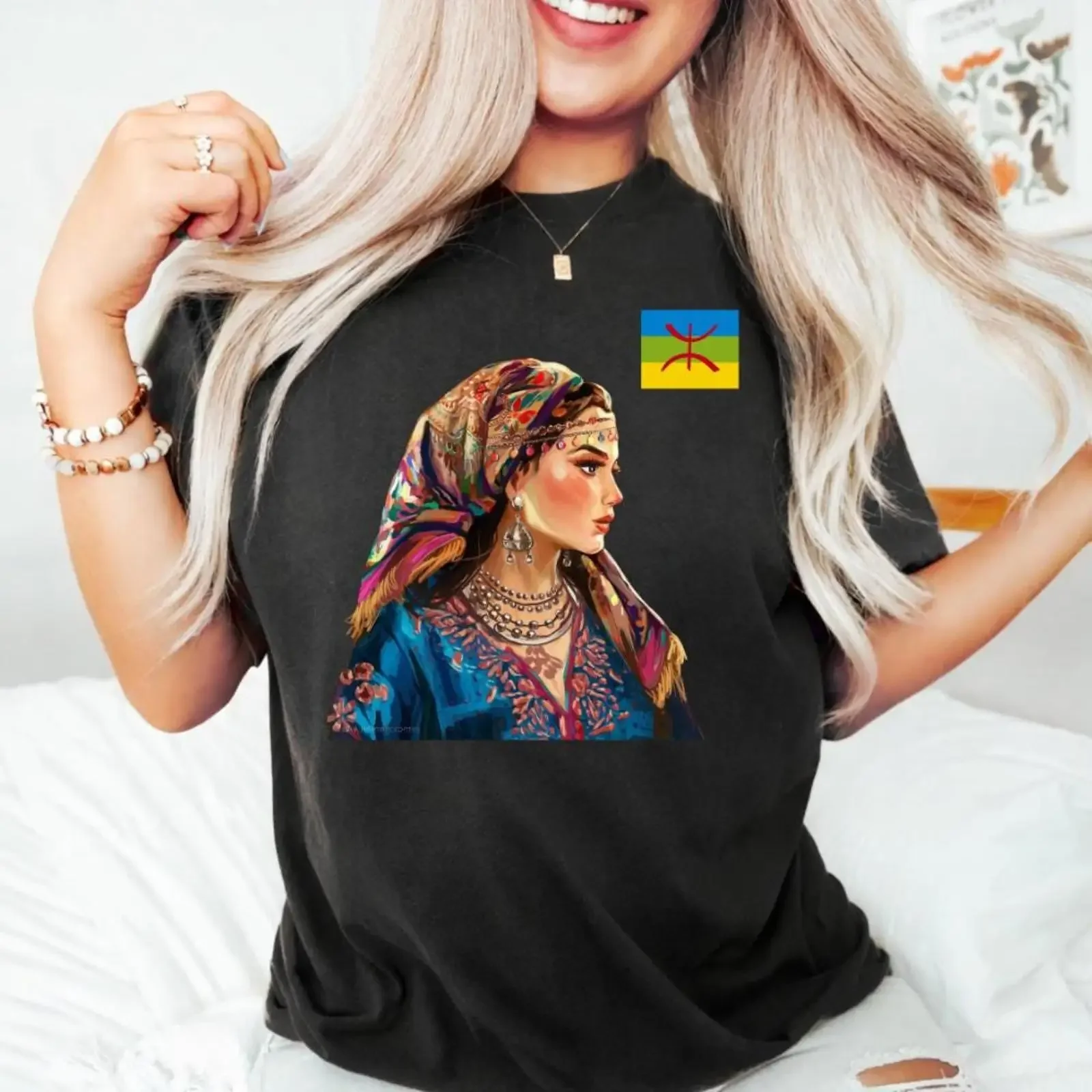 Amazigh Berber Woman T shirt Traditional Cultural With Yaz Symbol Flag vintage Washed graphic Comfortable designer clothes