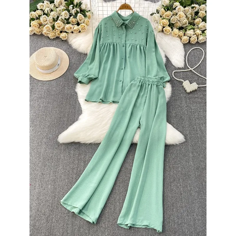 New Mint Green Beaded Collar Puff Sleeve Blouse Elastic Waist Wide Leg Pants For Women Casual Loose Two Piece Daily Outfit Set