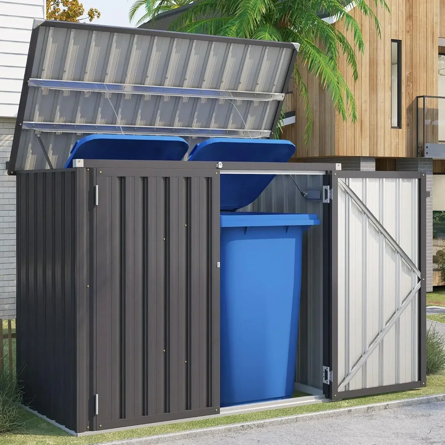 Outdoor Trash Can Storage Shed, 46 Cu.Ft Outside Garbage Can Storage Shed, Dark Grey Outdoor
