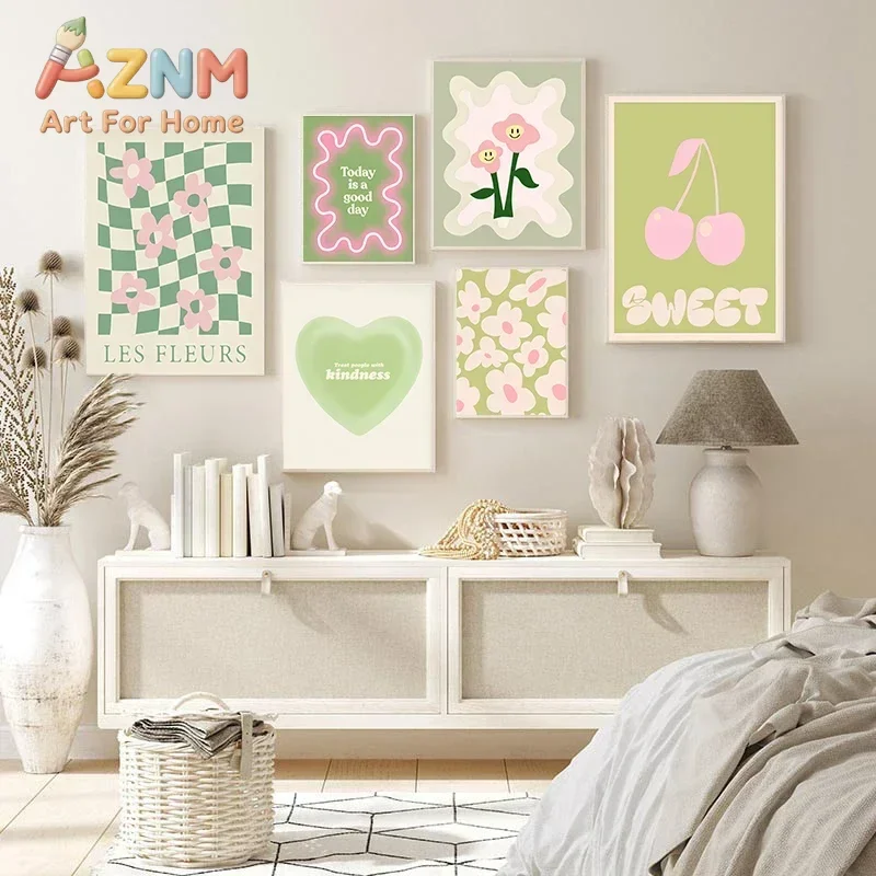 Boho Green Heart Fashion Wall Art Colourful Cherry Pink Green Canvas Painting Flower Market Cozy Living Room Gallery Poster