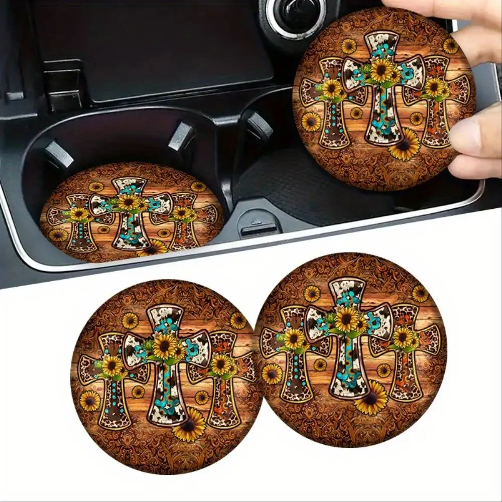 Sunflower Cross Non-Slip Car Cup Mats Keep Car Cup Holders Dry Clean Auto Interior Accessories