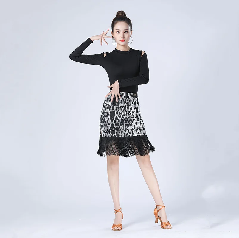 Women Sexy Latin Dance Costume Female Adult Autumn Long Sleeve Tops And Leopard Tassel Skirt Ballroom Performance Dancewear