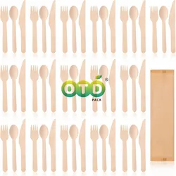 Disposable Wooden Cutlery Individual Paper Wrapped Cutlery Set of Forks, Spoons, Knives Natural Wooden Utensils for Parties