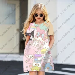 MINISO Summer Dress Fashion Cartoon Hello Kitty & Friends stampato abiti da donna ragazze manica corta Princess Dress abbigliamento per ragazze