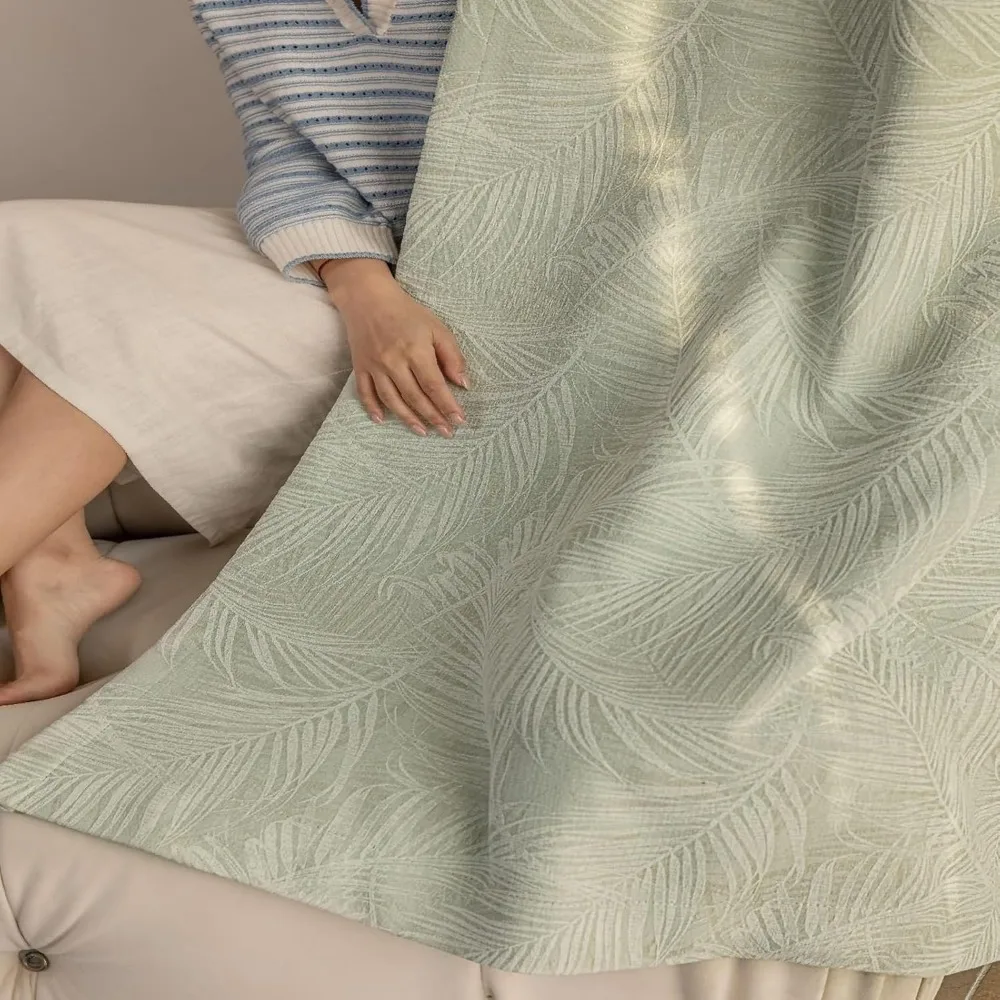 Blackout Curtains 106 Inch, Dining Room Darkening Panels, Light Green Leaves Jacquard Design, 2 Piece Grommet Set