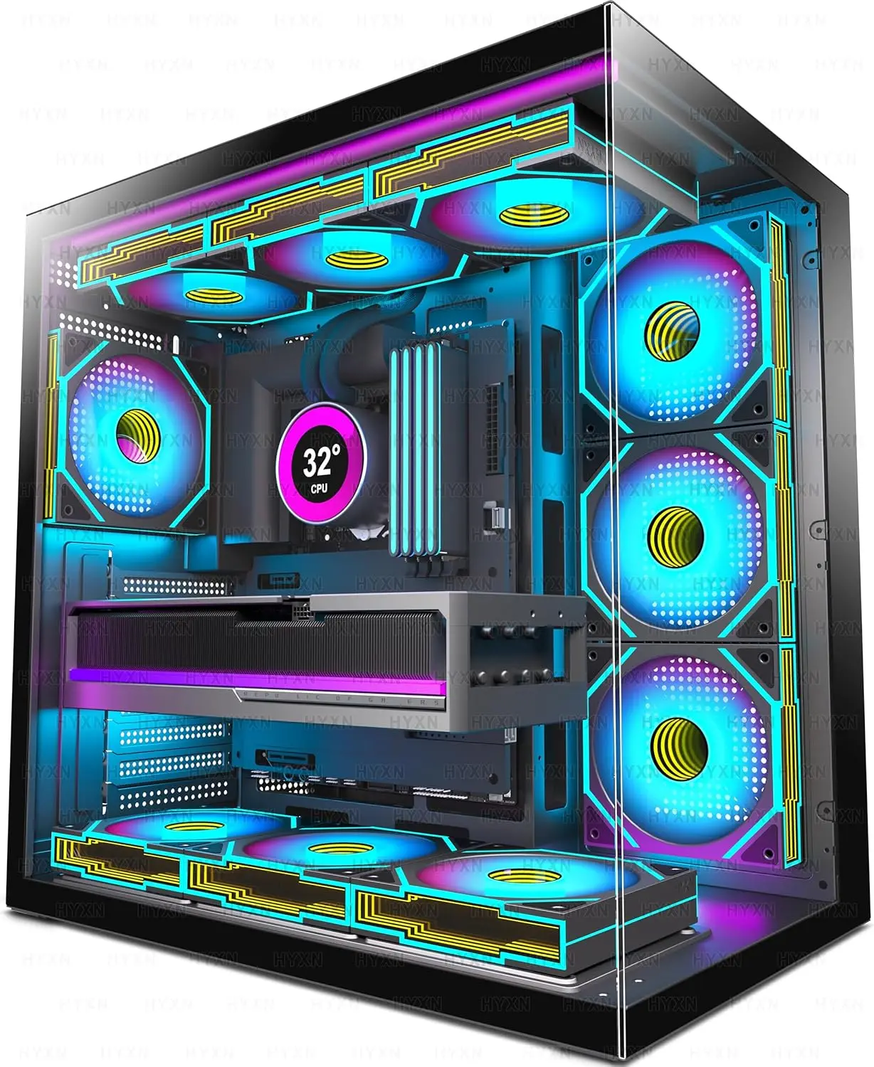 

ATX Mid Tower PC Case, Pre-Installed 7 Infinity Mirror PWM ARGB Fans, 270° Tempered Glass, Type-C, 3x 360mm Radiator Support, Black