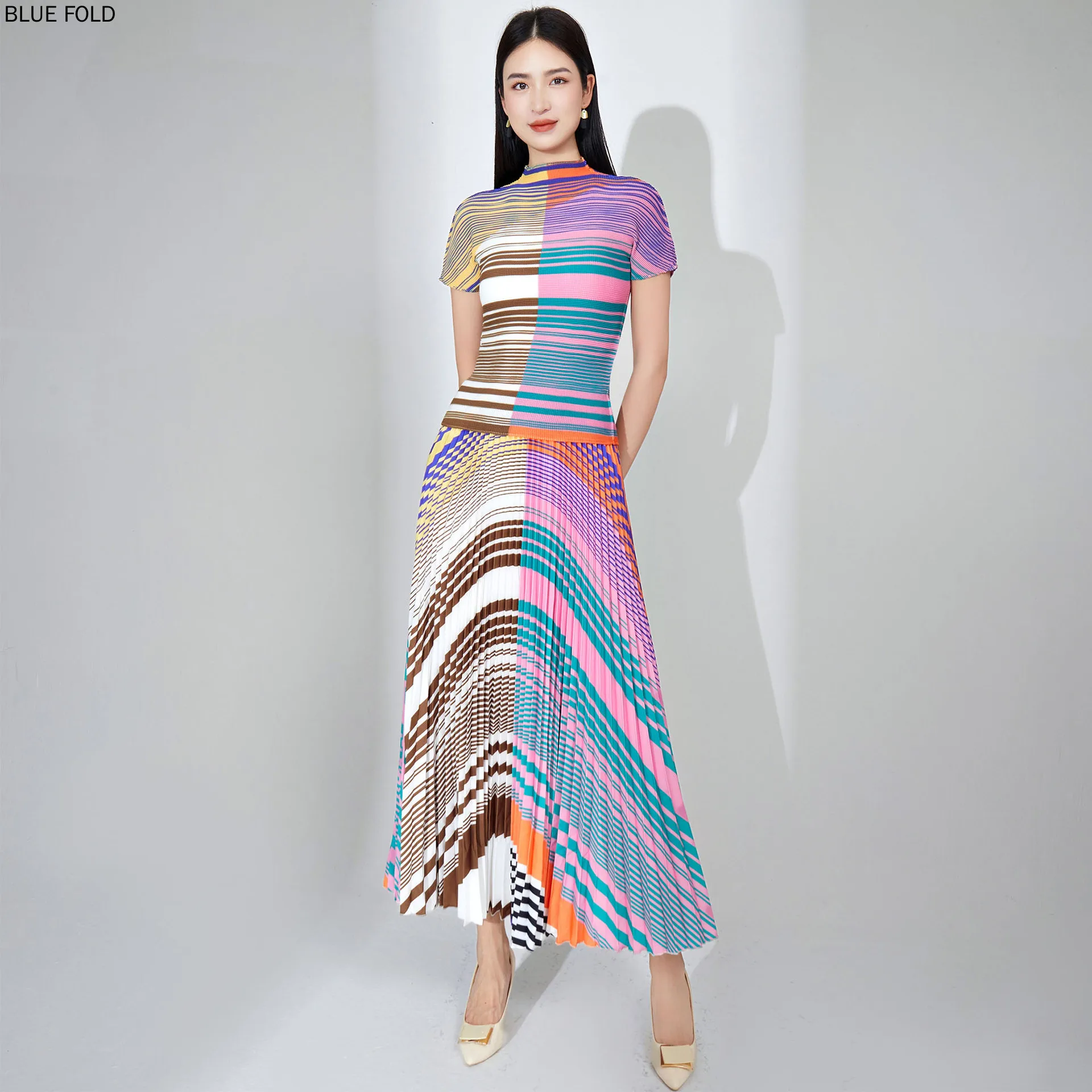 MIYAKE-Women's Contrast Striped T-shirt and Skirt Set, Pleated Design, Sense Niche, Summer Fashion, 2-Piece