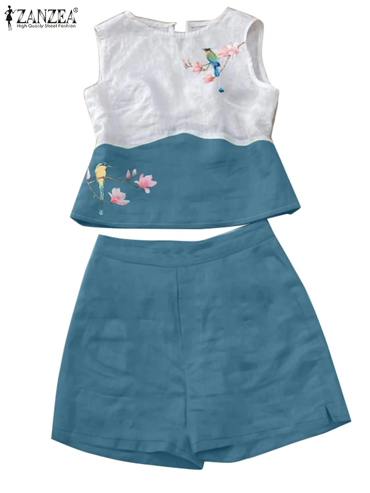 Zanzea Vintage Frauen kurze Sets 2 Stück Mode Blumen Strand hose Anzüge ärmellose Patchwork Tops lässig Urlaub Trainings anzug Outfits