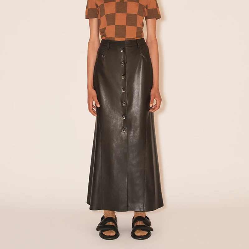 

Кожаная юбка миди А-силуэта в скандинавском ретро-стиле с завышенной талией, стройнящая, для повседневной носки, женская