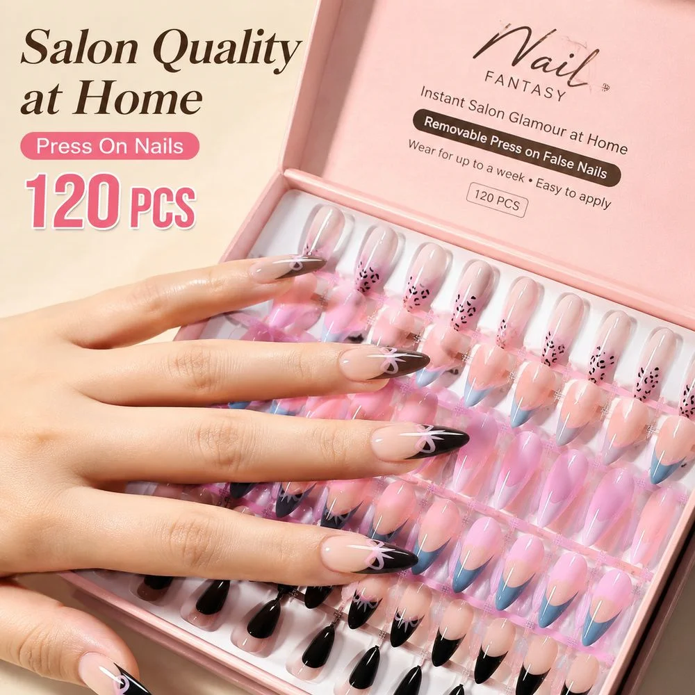 120Pcs Assorted Boxed Press On False Nails Multiple French Design Almond Fake Nails Reusable Removable Nail DIY Manicure Kit